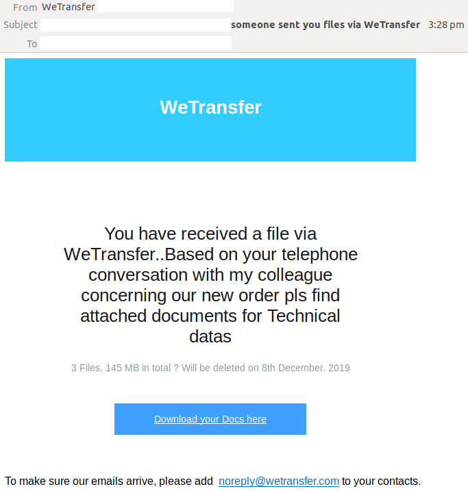 Phishing email spoofing WeTransfer shares file 'concerning our new order'